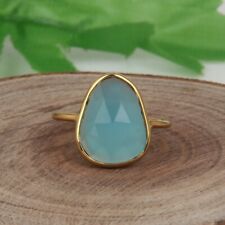 Yellow Gold Plated 925 Silver Aqua Chalcedony Gemstone Engagement Rings