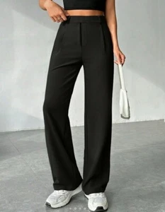 Womens High Waisted Straight Leg Casual Comfy Trouser Pants Black size Small - Picture 1 of 4