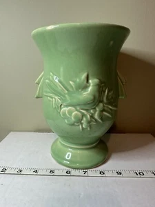 McCoy Pottery Made In USA Green Cardinal Bird Berries Leaves Vase Planter Handle - Picture 1 of 5