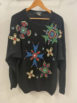 Suéter Dolman Angorá Seda Enfeitada Anos 80/90 Pulôver Malain Lantejoulas Contas 2XL - Imagem 1 de 4