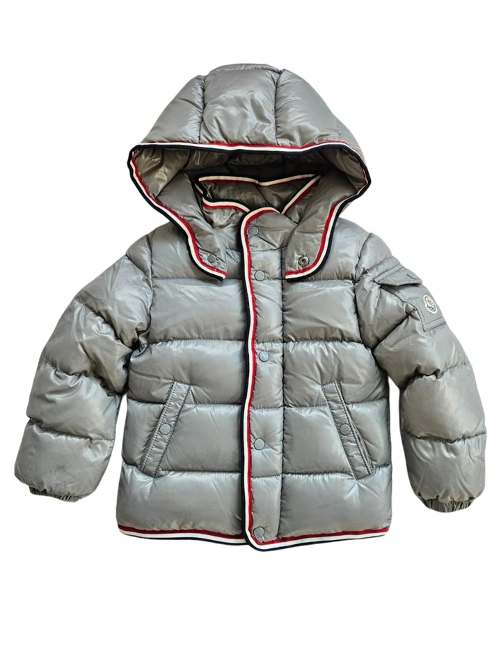 Chaqueta con capucha Moncler gris a rayas burbujas para niños Foto 1 de 4