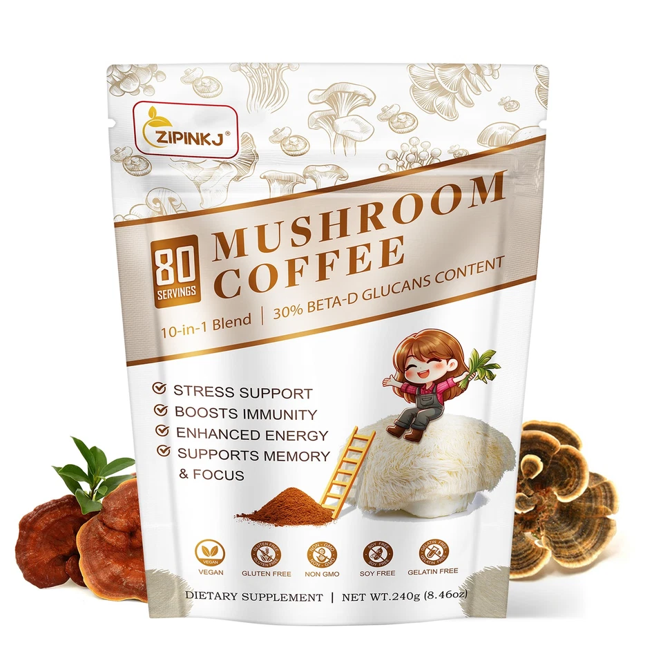 ZIPINKJ Mushroom Coffee Organic 10 Mushroom Blend Complex Coffee 80 Servings