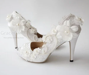 Women Pumps Lace wedding bride shoes Ankle strap High Heels Satin Peep Toe - Picture 1 of 2