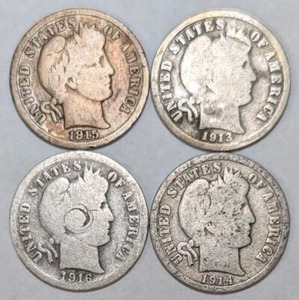 Barber Head Silver Dimes 4 Different Dates - Picture 1 of 3