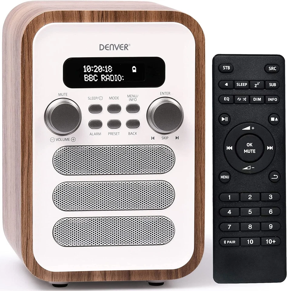 DAB Radio Bluetooth Large Remote Control FM  Dual Alarms Denver DAB-48 White - Image 1 of 4
