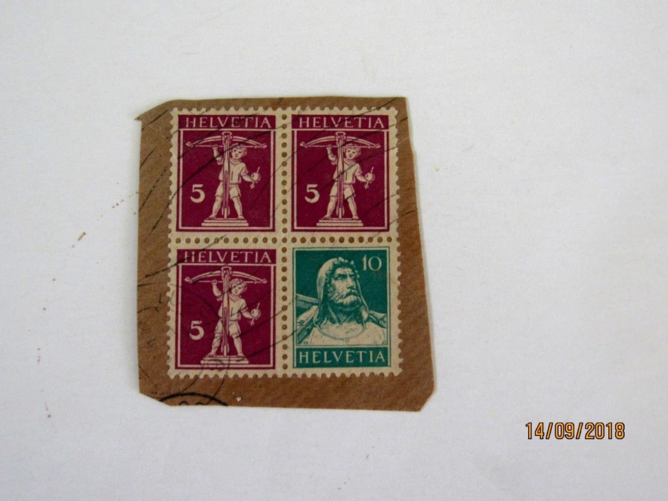 Switzerland #160a on Piece, partial booklet (4 out of 6 stamps) Used/Fine, 1927 - Image 1 of 1