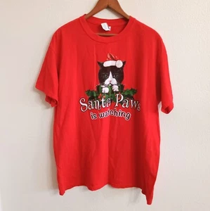 Vintage Gildan Red Cotton Christmas T Shirt Cat Santa Laws Is Watching Size L - Picture 1 of 4