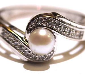 925 sterling silver pearl cubic zirconia cz fashion ring 3.8g womens estate 8.25 - Picture 1 of 9
