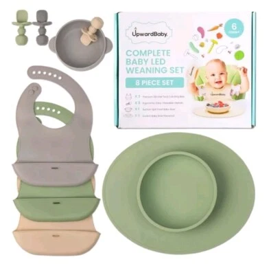 UPWARDBABY 8PCS BABY FEEDING SET SILICONE SUCTION BOWL PLATE BIB CUP SPOON FORK WEANING SET