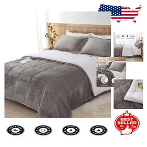 All Season Twin XL Comforter Set in Soft Grey Sherpa – Includes Pillow Sham - Picture 1 of 9