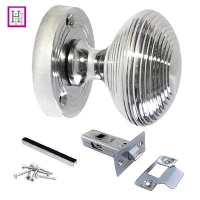 DOOR KNOBS SET Chrome MORTICE REEDED Handle Silver Sprung Round Internal - Image 1 of 4