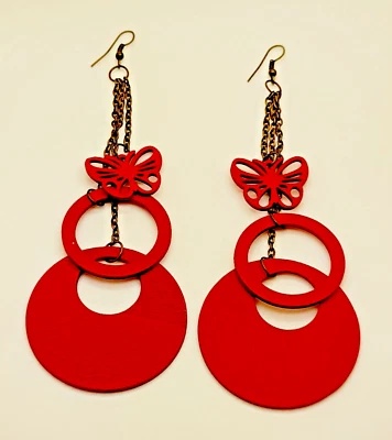 Pendientes Boho Mariposa 5.5" Largo Ligeros Madera Roja Doble Redonda Gota Moda Foto 1 de 4