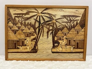 Mid-Century African Colonial Art Work with Inlaid Wood, 1960s Rare 25” X 17” - Picture 1 of 6