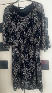 Adini Black Print 3/4 Sleeve Dress Size M UK 14. Lined. Good Condition - Picture 1 of 7