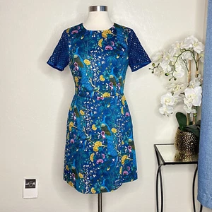 Oasis V&A Womens Peacock Blue Lace Sleeved Shift Dress Size 10 US 6 "Pre-owned" - Picture 1 of 7