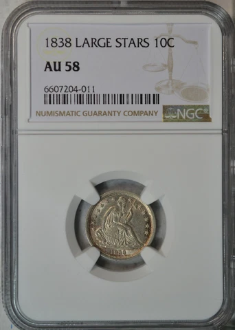 1838 Seated dime, No Drapery, NGC AU58..........Type Coin Company Cover
