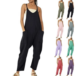 Womens Summer Jumpsuit Sleeveless Loose Comfortable Strap Jumpsuit with Pockets - Picture 1 of 70