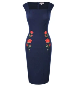 Stylish 50's Rockabilly St. Embroidered Rose Wiggle Bodycon Pencil Fashion Dress - Picture 1 of 3