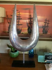Mid Century Modern Sculpture Abstract Metal Art  MCM Vtg Style silver wood base