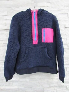 NEW J.Crew Navy Blue Pink Aqua Polartec Sherpa Fleece Hoodie Jacket Pullover M - Picture 1 of 6