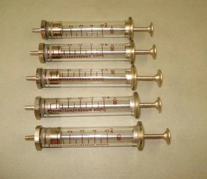 Set of 5 Vintage Old Bulgarian Medical Brass / Glass Syringes 5ml NOS w/out box - Picture 1 of 5
