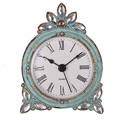  Vintage Pewter Quartz Mini Table Clock with Crystal Shining Rhinestone, Aqua - Image 1 of 4