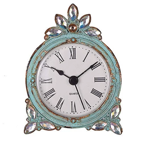  Vintage Pewter Quartz Mini Table Clock with Crystal Shining Rhinestone, Aqua - Image 1 of 4