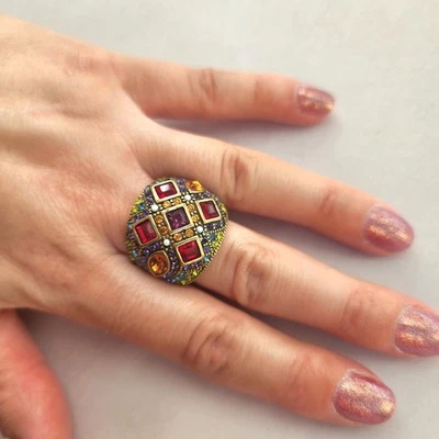 Heidi Daus Cocktail Ring Ornate Bombay Red Multi Crystal Bronze Size 8 - Image 1 of 4