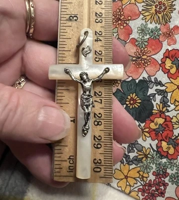 "Antiguo Rosario Cruz Colgante Francés Madreperla Crucifijo Plata de Ley 17/8""" Foto 1 de 4