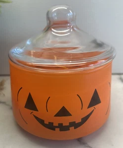 Vintage HTF Indiana vetro nocciola Atlante Halloween Jack O zucca coperchio barattolo caramelle - Foto 1 di 5