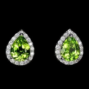 NATURAL AAA GREEN PERIDOT PEAR & WHITE CZ STERLING 925 SILVER STUD EARRING - Picture 1 of 6