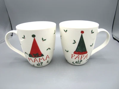Par de tazas de té de café de acebo blanco Pfaltzgraff "Mamá elfa, Papa elf" 16 oz (C24) Foto 1 de 4