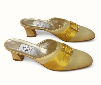 Tacones vintage años 60 oro satinado gatito mulas sin cordones cuero terciopelo diamante 37 Foto 1 de 4