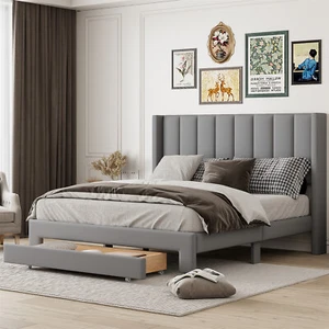 Queen Size Bed Frame Velvet Upholstered Platform Bed w/ Drawers & Headboard - Picture 1 of 17