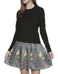 Ted Baker IZITAA Dress Oracle Floral Pleat Black Knit Layered Look Midi 3 US 8 - Picture 1 of 23
