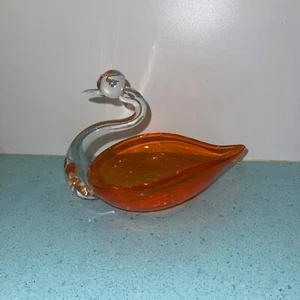Art Glass Ashtray Swan Clear Orange Glass Mid Century Modern MCM Design Retro - Picture 1 of 10
