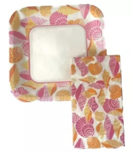 Beach Party Plates and Napkin Set w/ Pink and Orange Shells 14 Count - Picture 1 of 1
