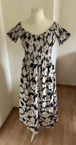 H&M Kleid M 38/40, schwarz-beige geblümt, Off-Shoulder, kurzarm gesmokt MIDI NEU - Bild 1 von 9