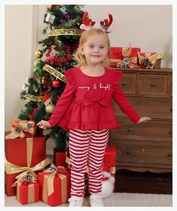 Toddler Baby Girl Kid Christmas Outfit Merry and Bright Ruffle Stripe Winter Set - Picture 1 of 16