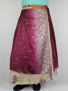 Ladies Indian Recycled Sari Wrap Around Reversable 2 Layer Skirt Full Length - Picture 1 of 3