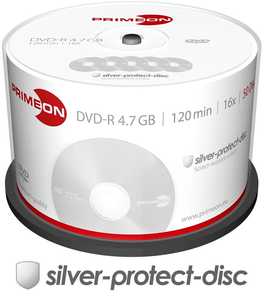 50 Primeon Rohlinge DVD-R silver protect disc 4,7GB 16x Spindel - Bild 1 von 1