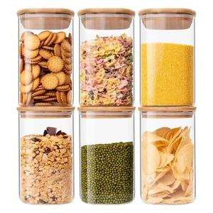 Glass Food Storage Jars 37 oz Set of 6 Containers Clear Canister with Bamboo Lid - Picture 1 of 7