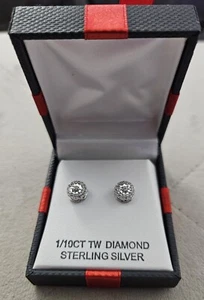Classic Halo Stud Earrings Sterling Silver .925 0.10 Carats TW Diamonds NIB - Picture 1 of 5