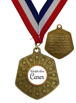 EMBLEMS GIFTS LTD World’s Best Carer Award 66mm Abril Gold Medal & Ribbon Engraved Free