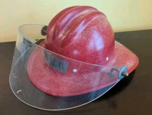 Vintage E.D. Bullard Hard Boiled Red Hat W/Face Shield Fire Rescue Fiberglass  - Picture 1 of 15
