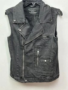 Zara Denim Vest Jacket Mens Small Black Denim Thrashed Grunge Casual Moto Jean - Picture 1 of 5