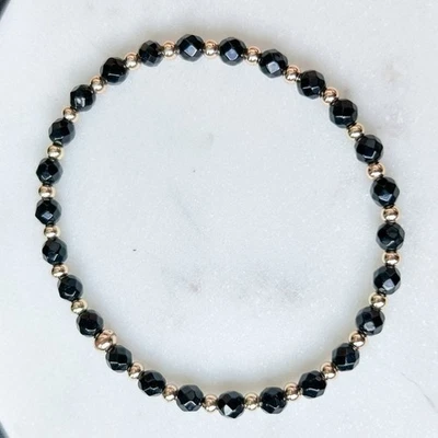 Black Tourmaline Faceted Round Gemstone Beads Gold Filled Stretchy Bracelet 6-8" - Image 1 of 4