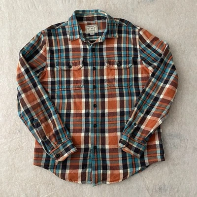 Рубашка мужская American Eagle средний размер синяя оранжевая клетчатая фланелевая на пуговицах с длинными рукавами - Изображение 1 из 4