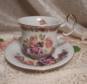 RKG Leander Teacup and Saucer, Pink and Yellow Roses, Gold Trim Loukey Porcelain - Picture 1 of 8