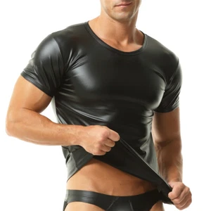 Camisetas elásticas ajustadas de manga corta de cuero sintético para hombre Prendas para el torso Informales Prendas para club nocturno Camisetas - Imagen 1 de 22